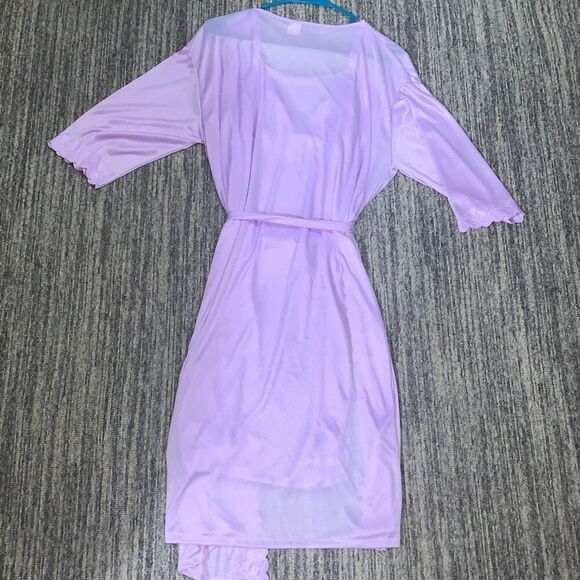 YiZhiFang Womens Size Medium 2 Piece Chemise Robe Set Purple Belted Flowy - Picture 3 of 7